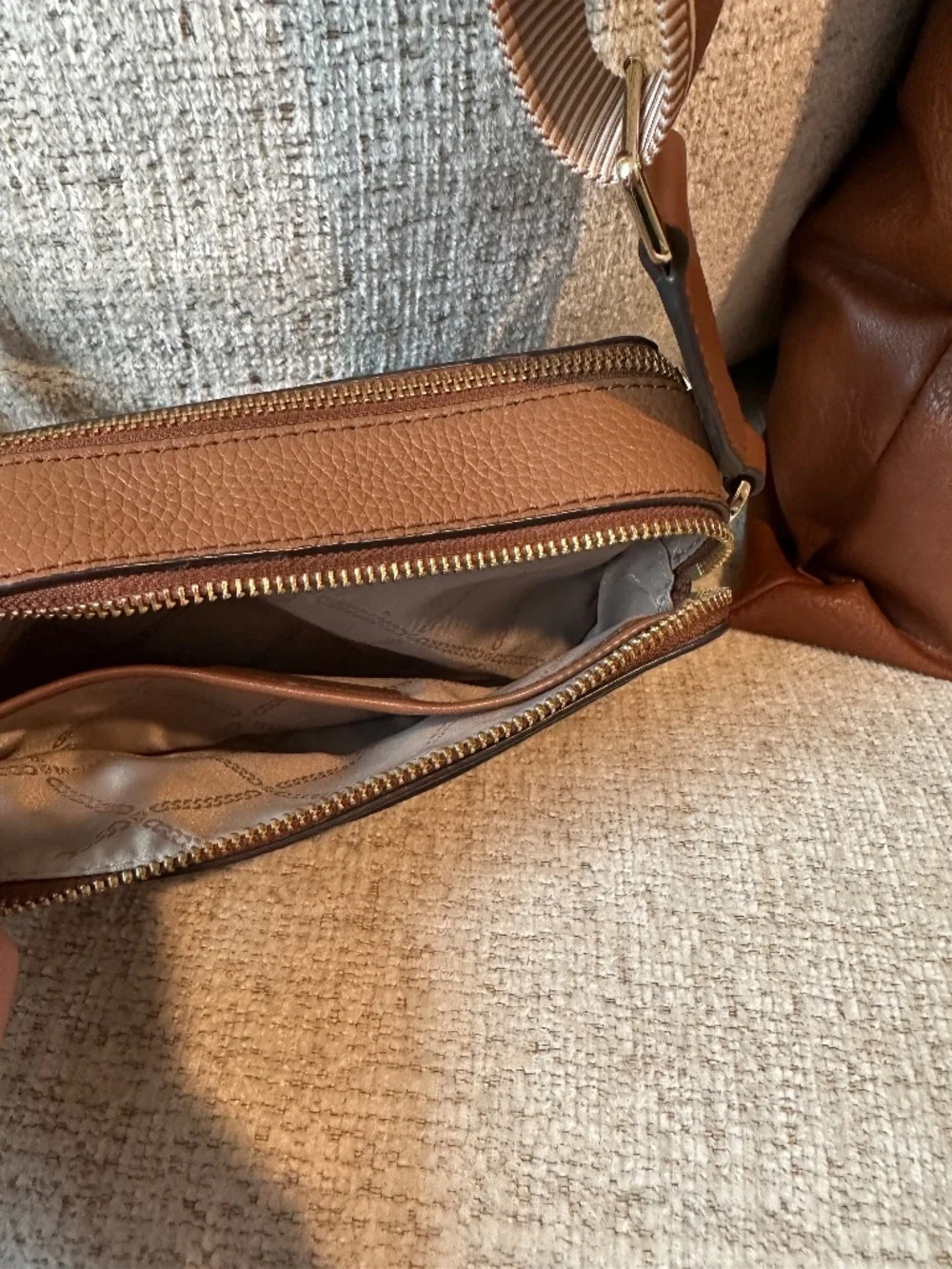 Michael Kors Bryant Brown Pebbled Leather Double Zip Chain Crossbody Bag